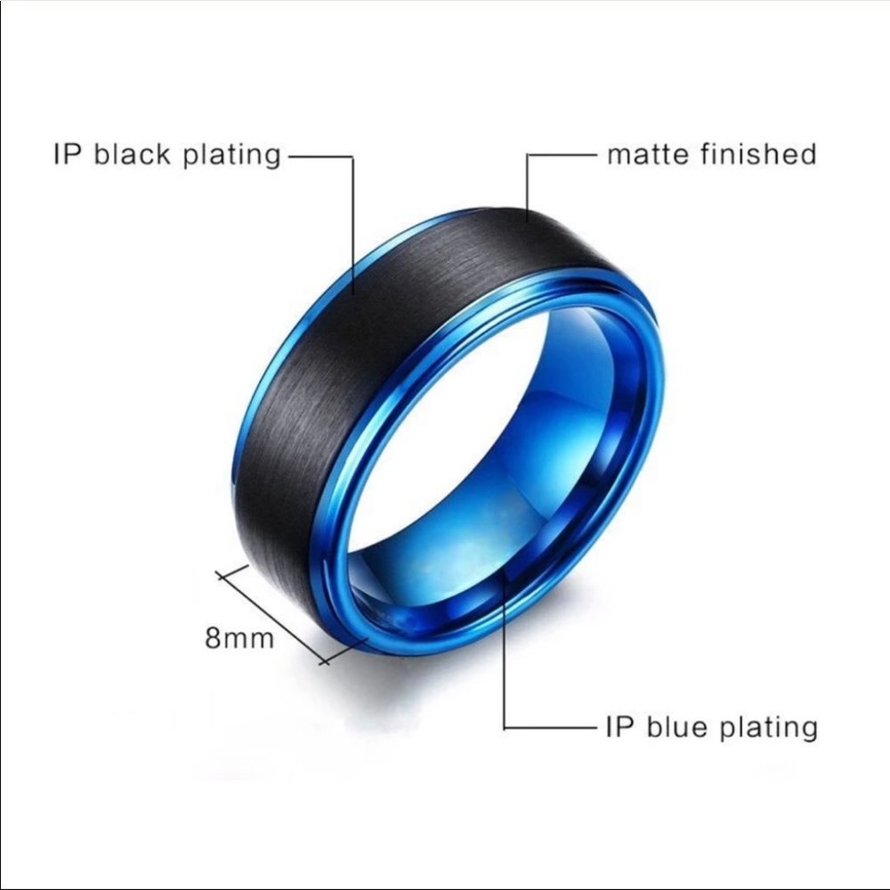 New Trendy Men's Black Blue Stainless Steel Ring - Picture 4 of 4